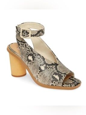 Band of Gypsies Vegan Snakeskin Leather Ankle Strap Block Heel Sandal Beige/Blck